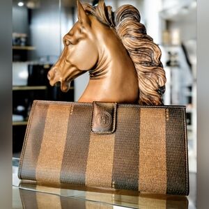 FENDI Pekin Long Wallet Pecan Pattern Scratched Leather Vintage PRISTINE